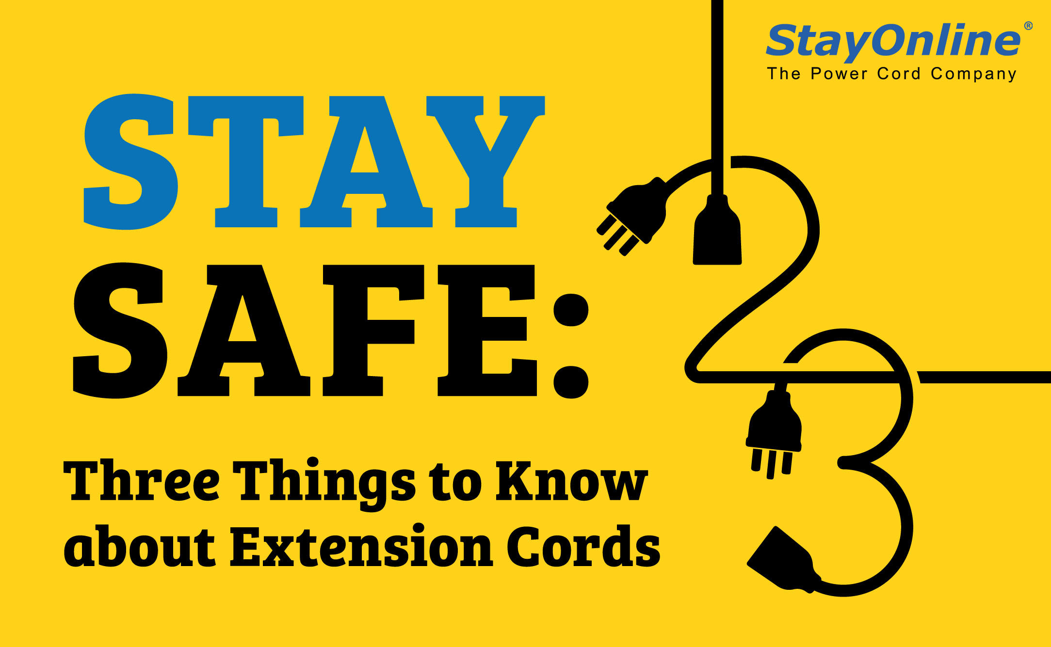 Graphic showing text that says  Stay Safe: Three things to know about extension cords.