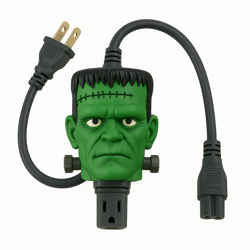 Frankenstein's Monster's head with cords coming out of the sides.