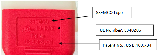 Diagram showing where to find the UL number, Patent number, and SSEMCO logo on a P-Lock Power Cord